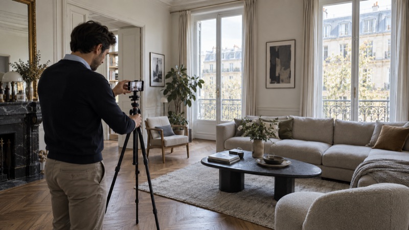 Un conseiller immobilier photographie un salon avec son smartphone sur trépied, chez le vendeur